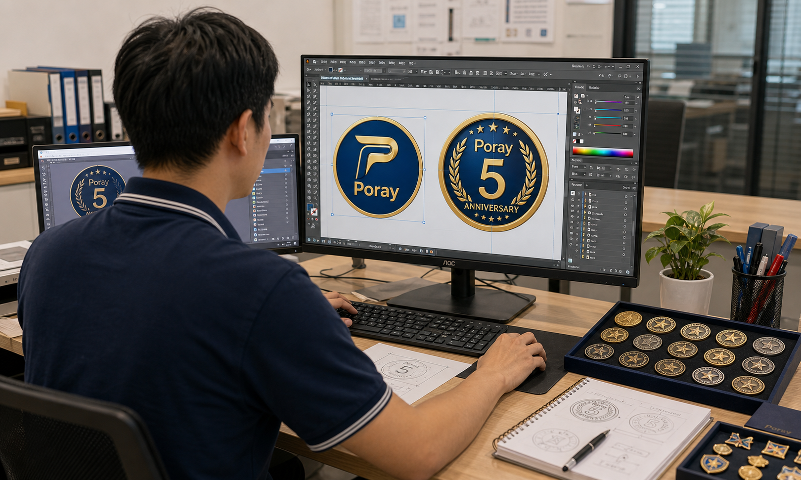 Designer modifying Poray 5th anniversary coin artwork