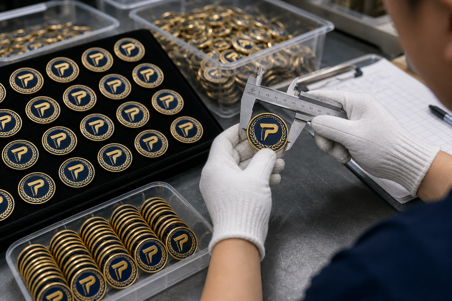 Finished metal badge inspection close-up