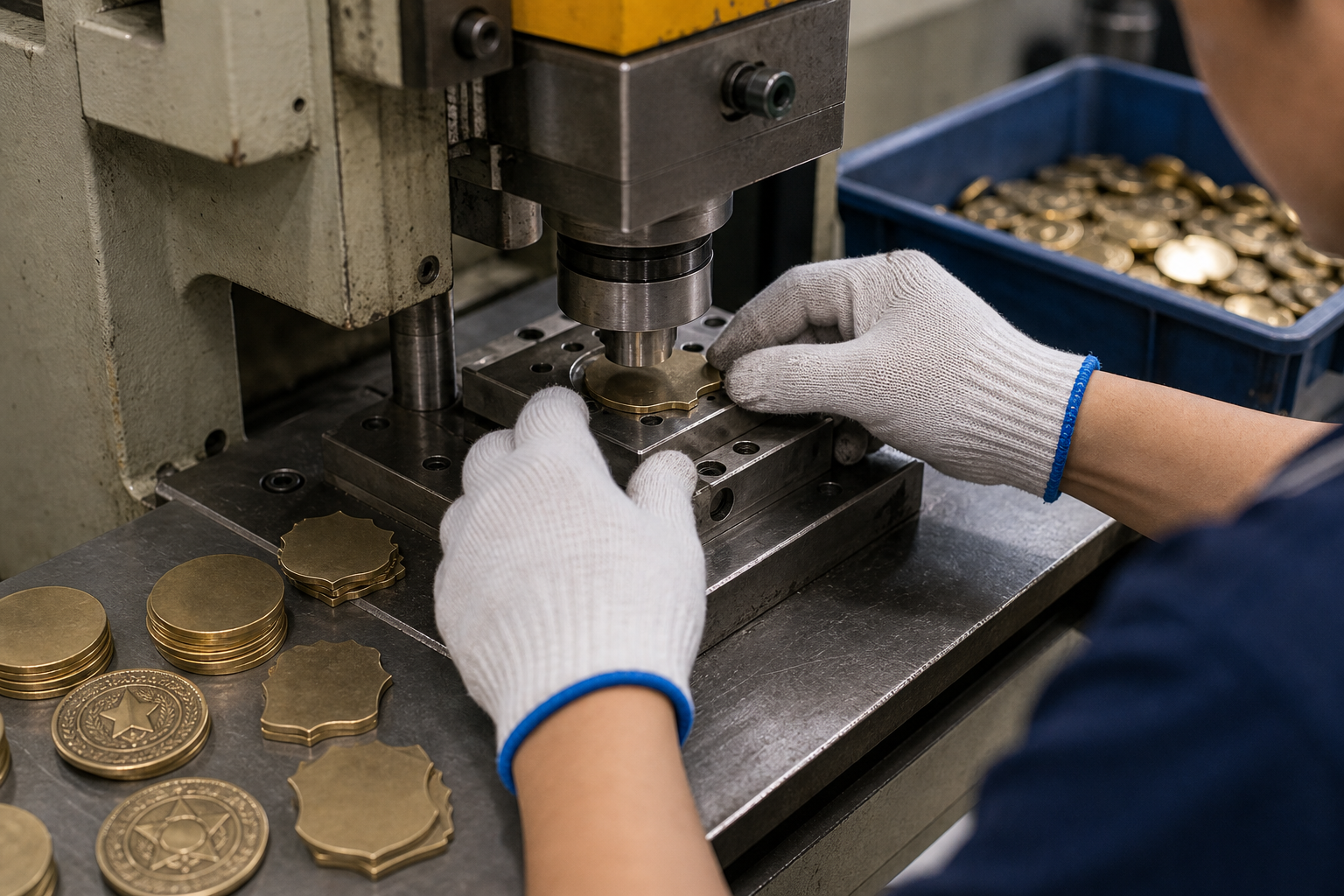 Metal badge stamping process close-up